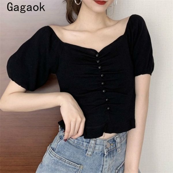 

women streetwear sweater summer solid single breasted thin v-neck puff sleeve slim bm fashion wild cardigans 210531, White