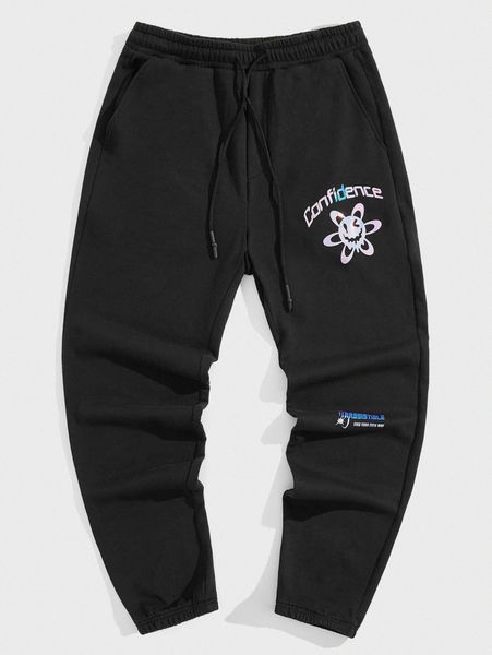 

men cartoon & letter graphic drawstring waist sweatpants h7pb#, Black