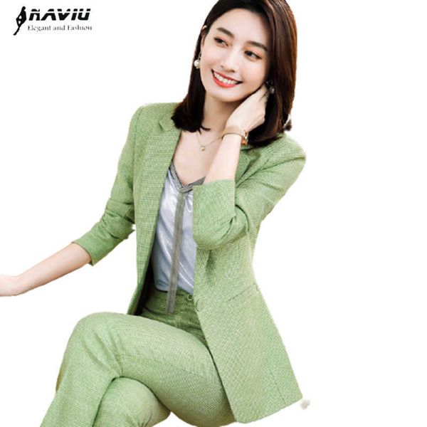 

sping fashion women plaid suits business temperament slim green long sleeve blazer and pants office ladies work wear 210604, White;black