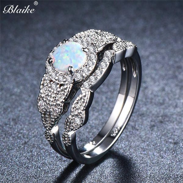 

wedding rings blaike round white fire opal ring sets inlay cubic zirconia double for women silver color birthstone jewelry, Slivery;golden