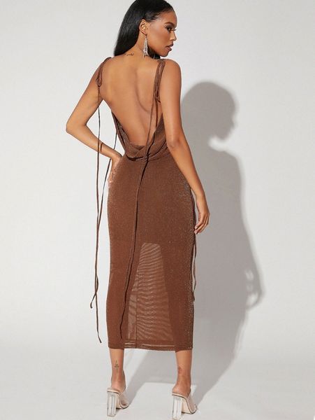 

tied shoulder backless glitter dress b3nc#, Black;gray