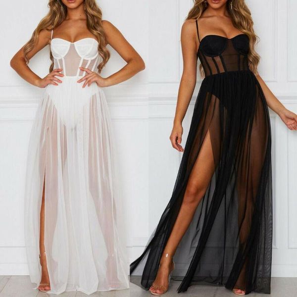 

women boho retro see-through bodycon spaghetti strap long dress elastic high waist summer beach bodysuit sundress casual dresses, Black;gray
