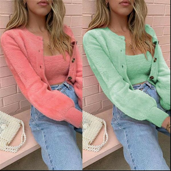 

2pcs winter sling button womens tracksuits coat sweater warm pullover cardigan shirt open front sweatshirt blouse set, Gray