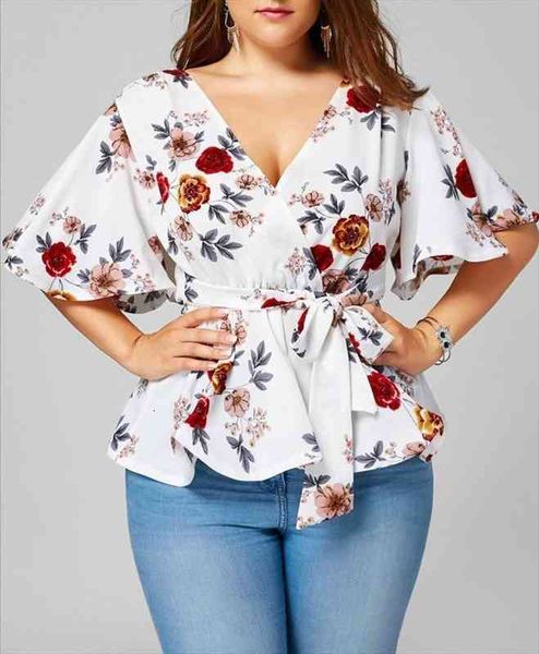 

5xl fashion floral digital womens shirts print oversize sashes peplum v neck flare sleeve blusas, White