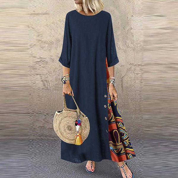 

vintage maxi dress women print patchwork o-neck three quarter sleeve ladies loose casual button plus size #tg3 dresses, Black;gray
