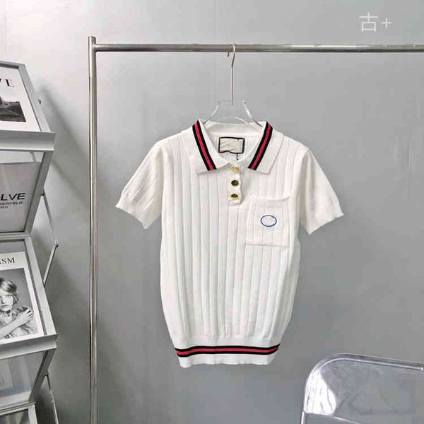 

summer letter embroidered polo knitted t-shirt women's lapel slim commuting short sleeve shirt, White