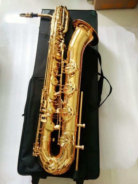 Real Shot Brand Professional Baritone Saxophone Gold Lacquer E плоские музыкальные инструменты с корпусом и мундштуком Бесплатный корабль