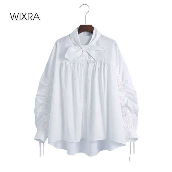 

wixra womens blouse bow collar lace up sleeve loose shirts female office lady high street clothes blusas 210419, Black;brown