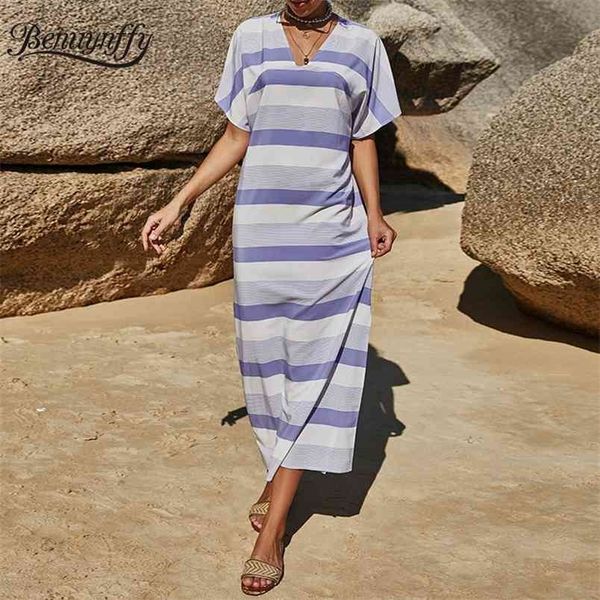 Abiti a maniche corte con stampa a righe con scollo a V Moda donna Estate Stile spiaggia Abito lungo casual diviso femminile 210510