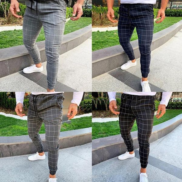 

men's pants 2021 high wasit spring summer fashion pocket slim fit plaid straight leg trousers casual pencil jogger, Black
