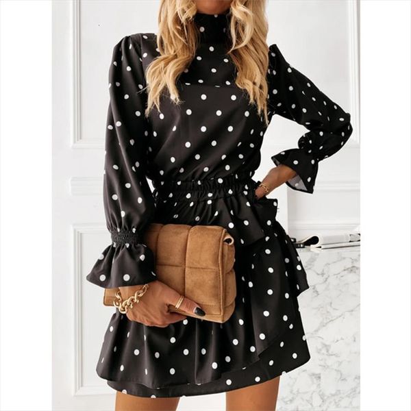 

cascading ruffle polka dot womens dress mini autumn winter casual long sleeve turtleneck a line print elegant party vestido, Black;gray