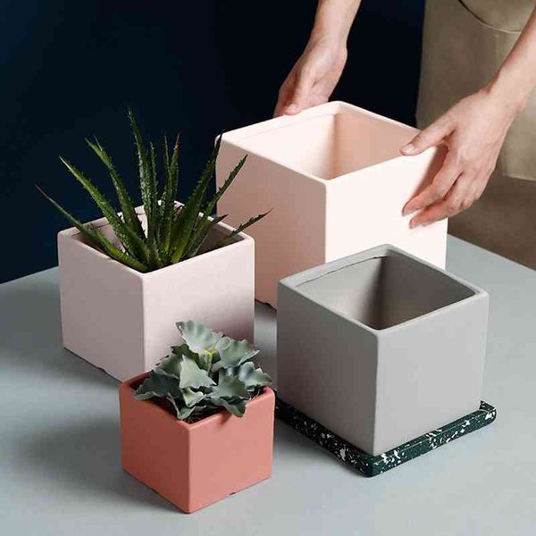 Vaso per piante in ceramica colorata in stile industriale nordico Vaso per piante succulente Vaso per fiori a forma di cubo verde con vassoio coordinato per fori 210401