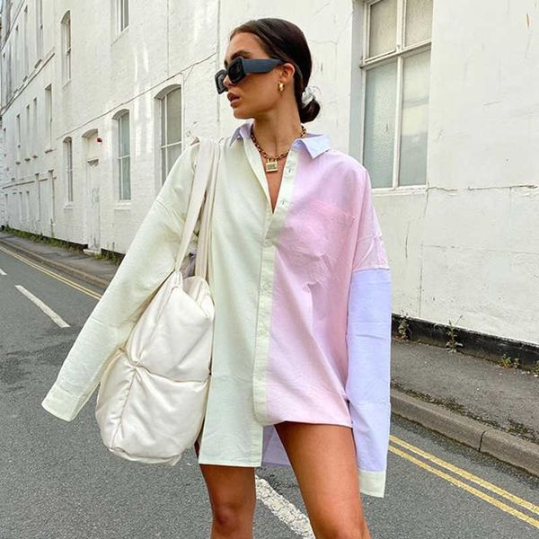 

skirts oversized blouse women autumn fashion turn down collar sleeve color contrast patchwork pocket buttons loose long shirt lady epx2, Black
