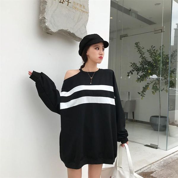 

women's hoodies & sweatshirts casual full o-neck patchwork loose hollow out spring and autumn clothing fashion trend, Black