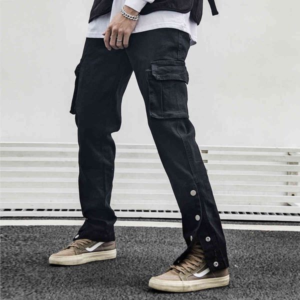 

jeans high street style straight leg overalls with split button for men's national fashion hip hop multi pocket drawstring casual pants, Blue