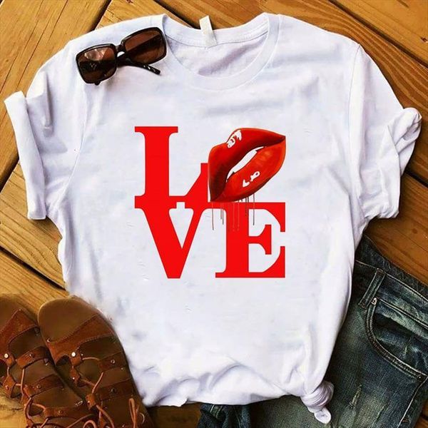 

lip love printed womens short sleeve loose tee female clothes, White