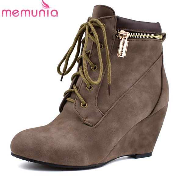

boots memunia 2021 fashion women ankle pu round toe winter lace up zipper wedges shoes female big size 48, Black