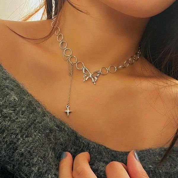 

pendant necklaces kpop harajuku goth hollow butterfly cross long tassel punk clavicle chain choker necklace for women egirl street fashion j, Silver