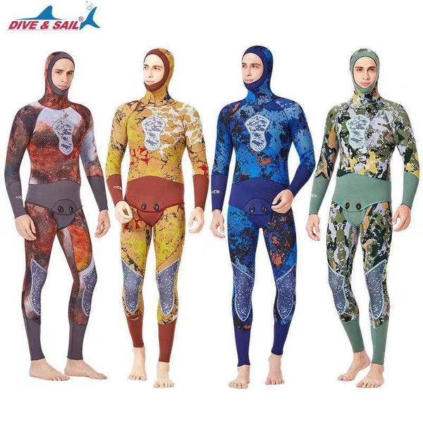

dive&sai professional spearfishing wetuit 5mm neoprene camo scuba diving suit hooded jacket+full-body vest set warm swimsuit swim wear