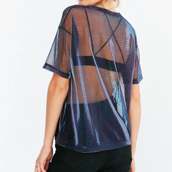 

women summer mesh sheer punk t- holographic short sleeve transparent shiny club tee shirt, White