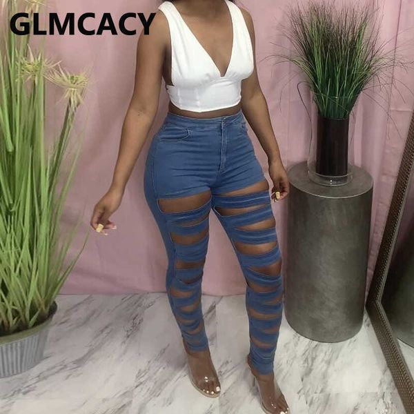 

skinny ripped summer denim pants chic jeans 210702, Blue