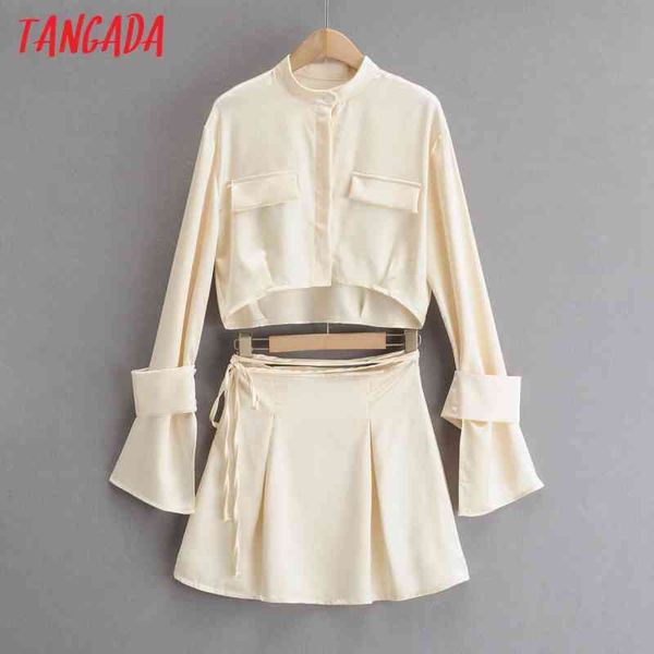 

korea chic solid satin women fashion suit 2 piece set crop and skirt 4p45 210416, White