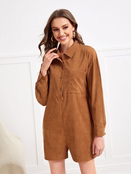 

drop shoulder pocket patched corduroy romper p2ix#, White