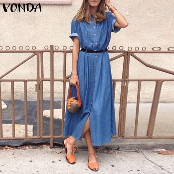 

casual dresses women elegant denim shirt dress 2021 vonda holiday party long sundress short sleeve lapel neck vestidos plus size, Black;gray