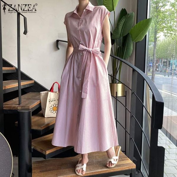 

casual dresses women work long maxi sundress zanzea sleeveless bohemian striped printed vestidos pockets party robe femme plus size 5xl, Black;gray