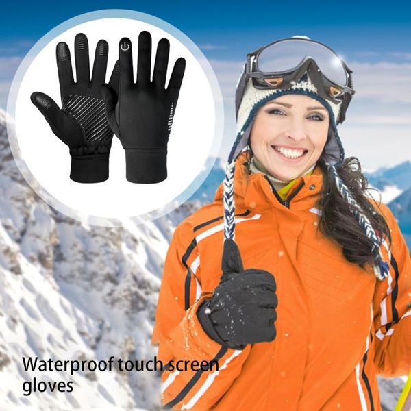 

cycling gloves fleece full finger winter portable touchscreen waterproof windproof elements, Black