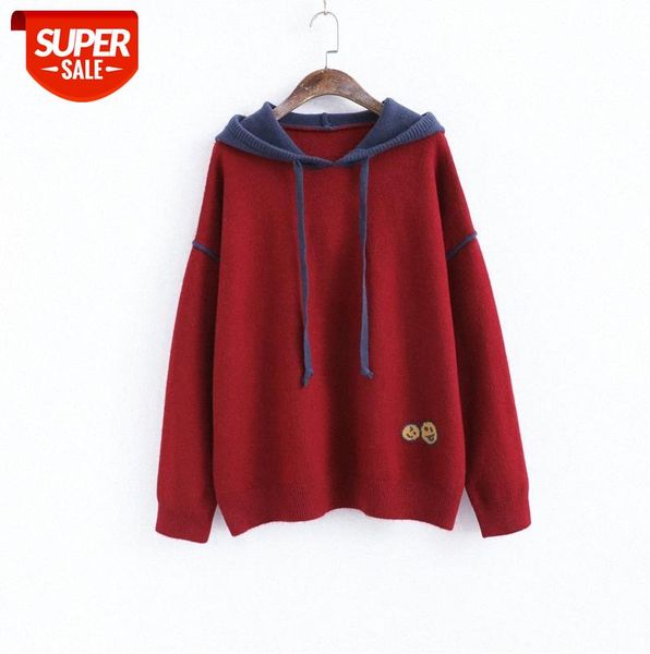 

011629 korean style hooded pullover lazy color-blocking smiley sweater women's college loose-aged #fs7e, Black;gray