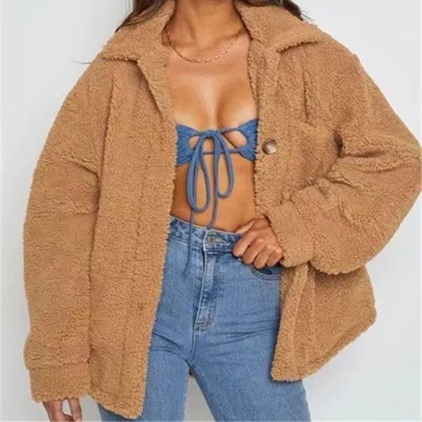 

women's jackets 2021 autumn winter single breasted pockets plush loose coat women fashion long sleeve turn down collar fluffy outerwear, Black;brown