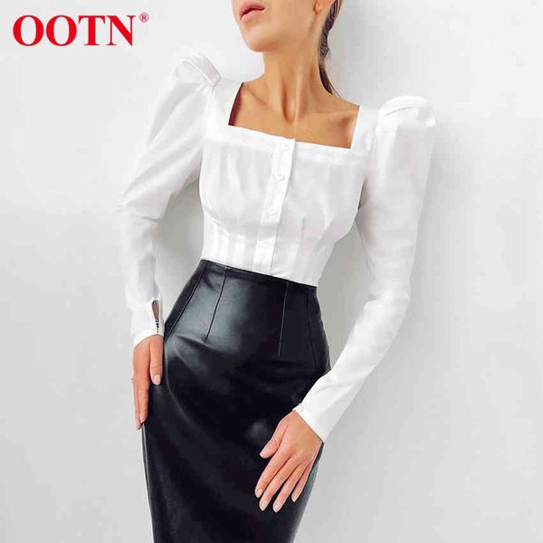

ootn square neck white shirt female pleated tunic women blouse elegant puff sleeve black office ladies blouse cotton blue 210413