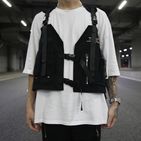 

hip hop vests chest rig sleeveless vest multiple pockets cargo zipper sweatshirts streetwear military jacket tactical waist bag support, Black;gray