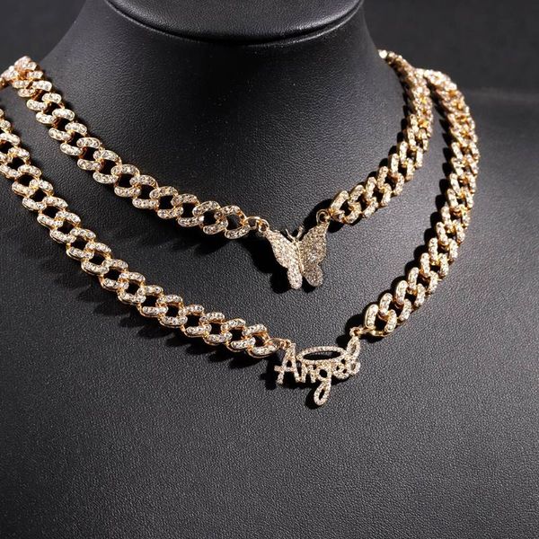 

chains iced out rhinestone angel butterfly cuban choker necklace for women metal crystal link chain hip hop punk jewelry, Silver