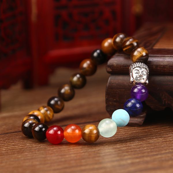 

bracelet 8mm tiger eye stone series buddha head yoga buddhist seven chakras, Golden;silver