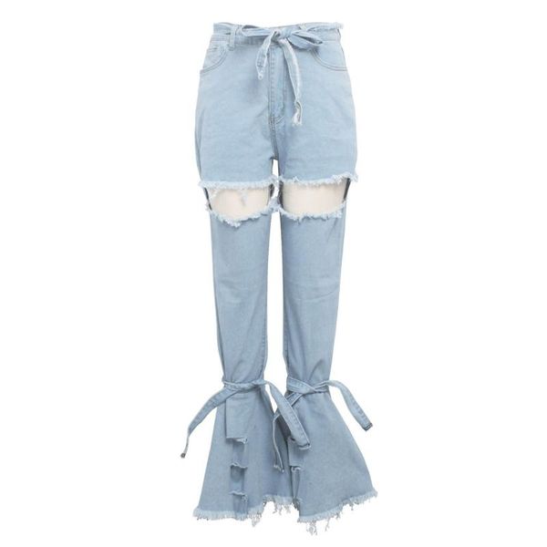 

women's jeans autumn winter women denim lady fashion zipper hole wide leg flare pant boot cut trousers retro ripped for, Blue