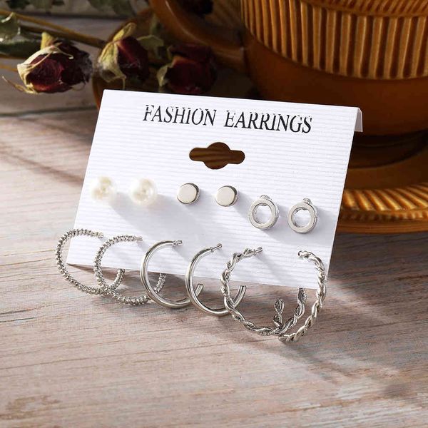 

charms earrings simple alloy silver 6-pair pearl set creative ins style geometric 13, Golden