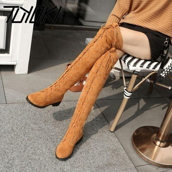 

boots tuyoki winter warm flats women plus size 33-46 casual strappy thigh high knee fashion zipper add fur footwear, Black