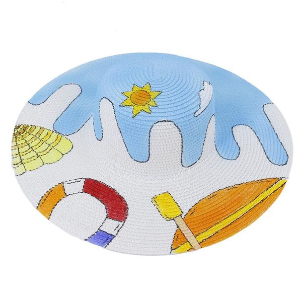 

wide brim hats women summer big birm 15cm print luxury elegant round straw sun protection beach casual ladies, Blue;gray