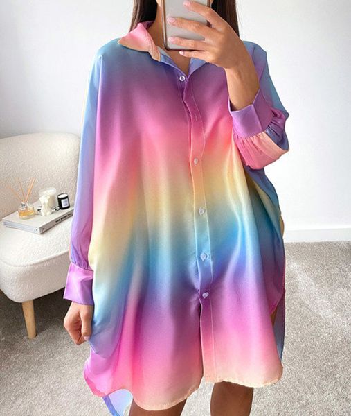 Damen Temperament langes Hemd süße Regenbogenfarbe lose Strickjacke Kleid für Frauen