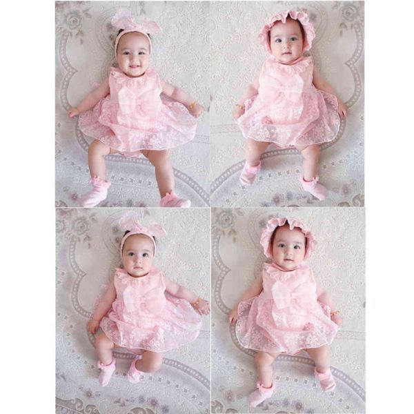 2020 Novo verão vestidos de bebê recém-nascido bebê laço laço princesa vestido para bebê 1º aniversário vestido + headband + chapéu + meias roupas kids g1129