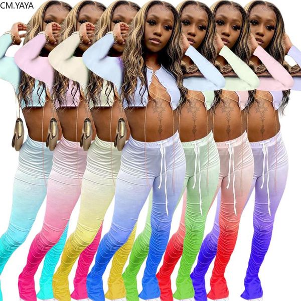

women's tracksuits cm.yaya women two piece set chain long sleeve gradient stacked bell bottom flare jogger pants suit tracksuit ou, Gray