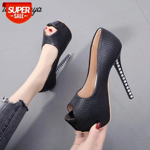 

rhinestone heels women fashion heel concise shallow mouth shoes peep toe thin high pumps wedding party 14cm #rv9a, Black