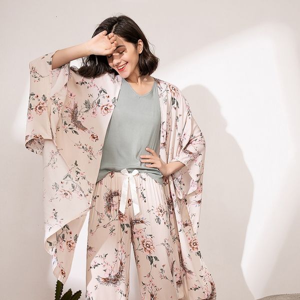 

women's sleepwear spring and autumn new ladies pajamas set comfort loose thin light pink floral printed soft casual wear r44t, Black;red