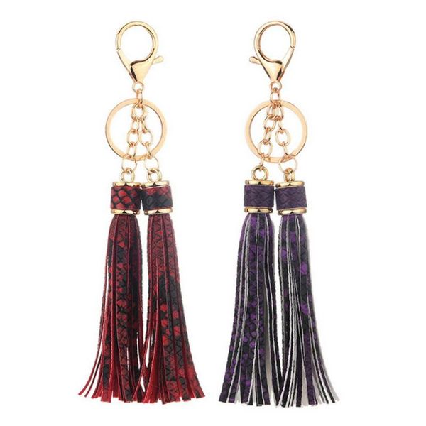 

keychains colorful snakeskin double tassel fringe keychain gold color lobster clip pu leather key chain 2 pcs long bag accessories, Silver