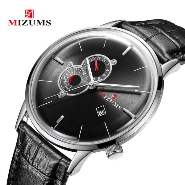 

wristwatches mizums men watches fashion quartz watch black leather band clock man complete calendar wristwatch relogio masculin, Slivery;brown