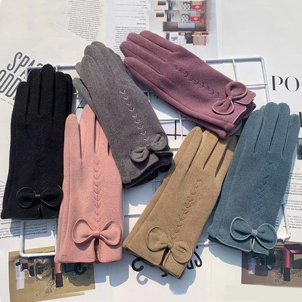 

sports gloves autumn winter women keep warm touch screen thin fleece thicken windproof elasticity embroidery bow mittens, Black