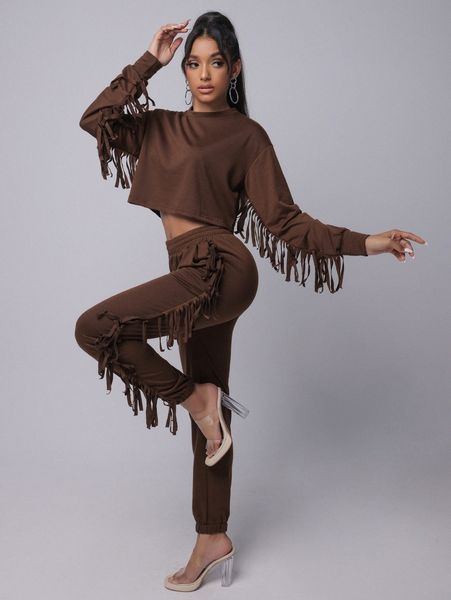 

sxy fringe trim elastic waist pants r9i6#, Black;white