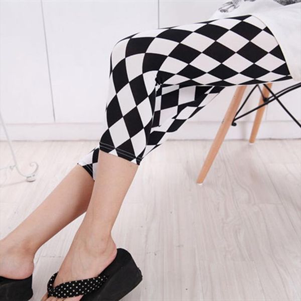 

fitness leggins printed stripe elastic women leggings high waist gym plaid square capris, Black